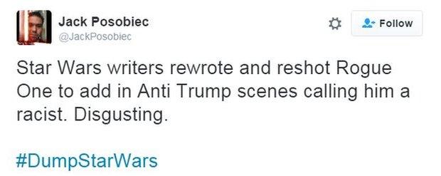 Star Wars writers rewrote and reshot Rogue One to add in Anti Trump scenes calling him a racist. Disgusting.