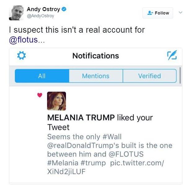 A tweet showing Melania Trump's account liking the tweet