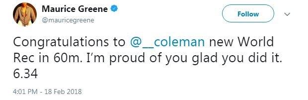 Maurice Greene congratulates Maurice Greene on Twitter