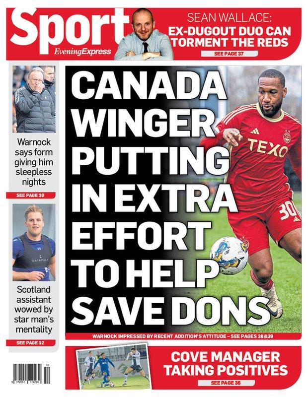 The back page of the Evening Express, which splashes on Junior Hoilett work ethic impressing Aberdeen boss Neil Warnock