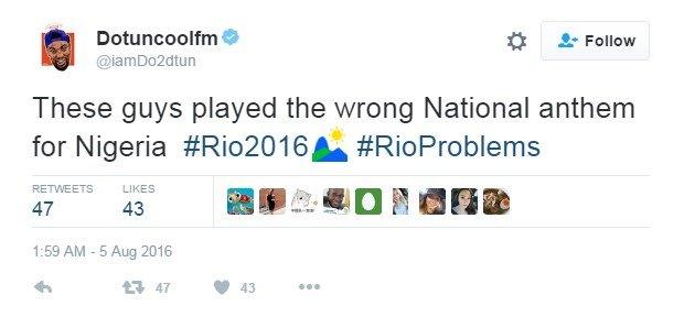 Tweet reads: "These guys played the wrong National anthem for Nigeria #Rio2016 #RioProblems"