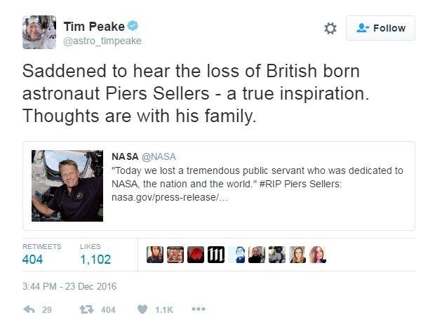 Tim Peake tweet about Piers Sellers' death