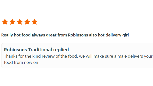 A screenshot of the review on Just Eat, showing Robinson's reply