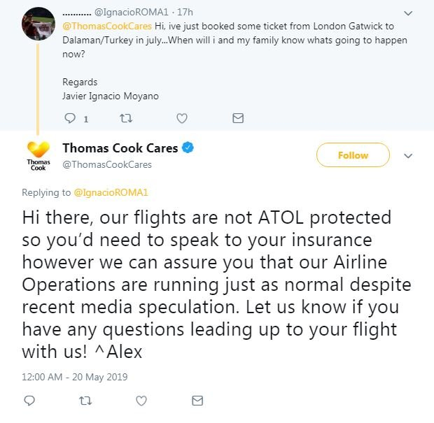 Twitter exchange between Thomas Cook and customer