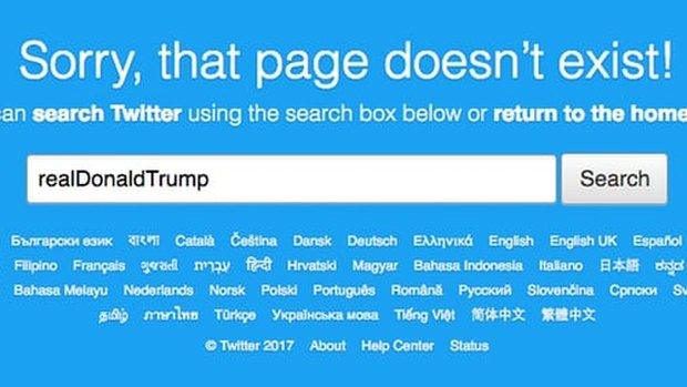 Message on Twitter page that reads: "Sorry, that page doesn't exist!"