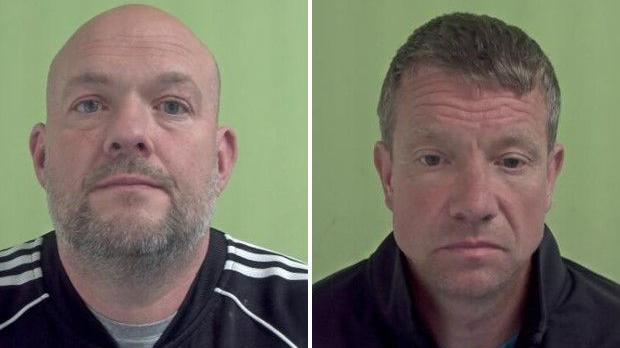 Police mugshots of Robin Leigh, who has a bald head and short grey beard, and Ryan White, who has short light brown hair.