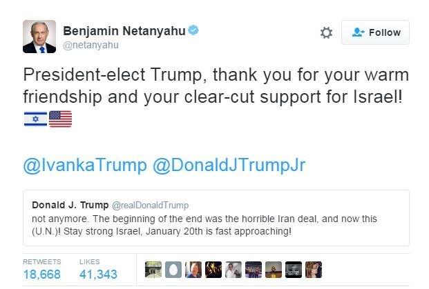 Tweet frpom @netanyahu: President-elect Trump, thank you for your warm friendship and your clear-cut support for Israel!