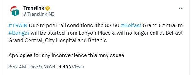 A screenshot of a tweet which outlines last minute cancellations to the Bangor train from Belfast Grand Central.