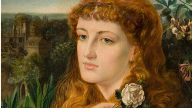 A Pre-Raphaelite-style painting shows a woman with red hair, holding a white flower. There are buildings, trees and flowers in the background of the painting.