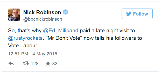 Tweet by Nick Robinson - 04 May 2015