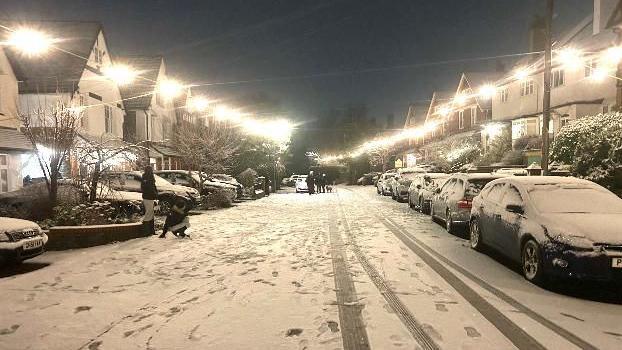 People and dogs out in the snow in a residential street in Reigate. The road is covered in snow except for where there is some tyre tracks.