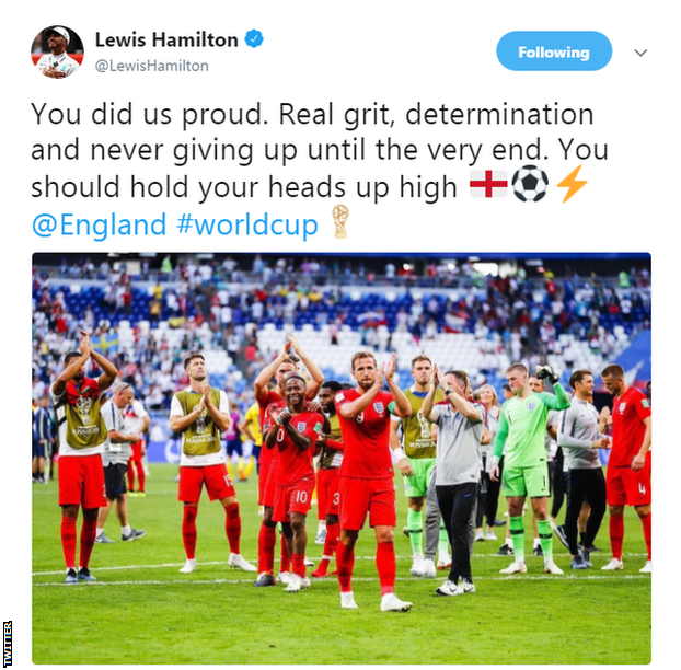 Lewis Hamilton tweets his support to the England football team after their World Cup semi-final defeat to Coatia