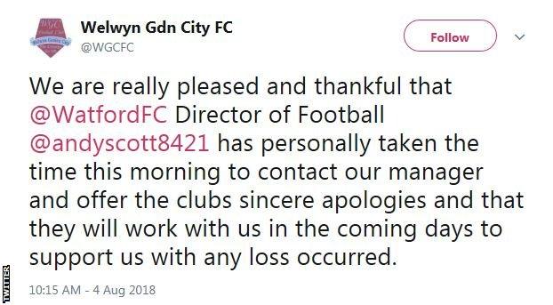 Picture of a Welwyn Garden City FC tweet: "We are really pleased and thankful that Watford director of football Andy Scott has personally taken the time this morning to contact our manager and offer the club's sincere apologies and that they will work with us in the coming days to support us with any loss incurred."