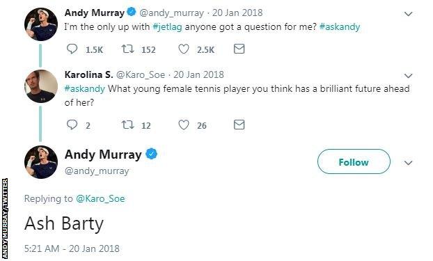 Andy Murray's tweet from January 2018 saying how he thinks Ashleigh Barty has a brilliant future ahead of her