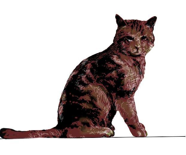 A brown drawing of the cat sitting up right.