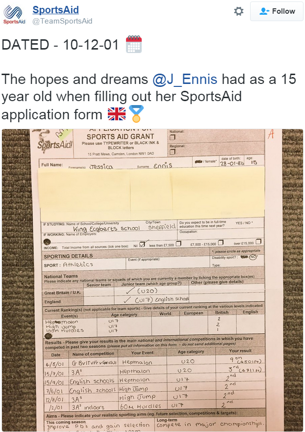 A form for funding filled out by Jess Ennis-Hill as a 15-year-old