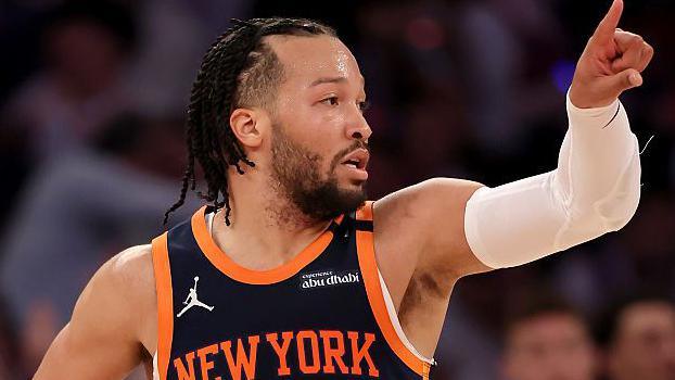 Jalen Brunson reacts to a shot in Monday's game against the Boston Celticss