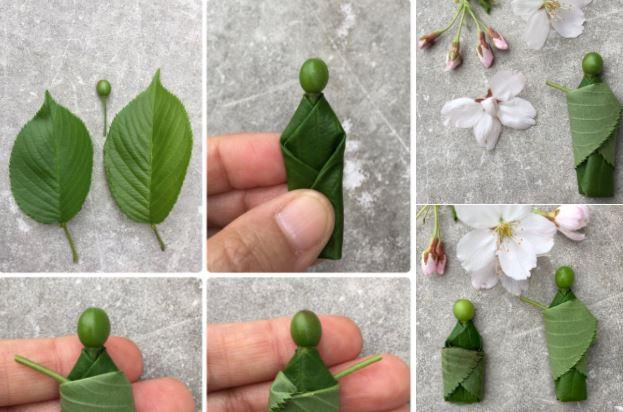 Process of making two monks out of leaves and flowers