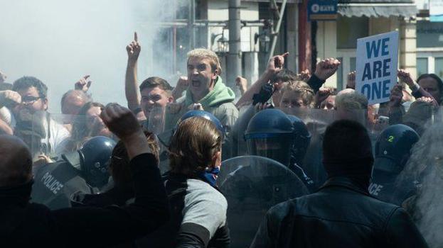 Rioters in Port Talbot in the BBC film The Way - angry steelworkers are clashing with police