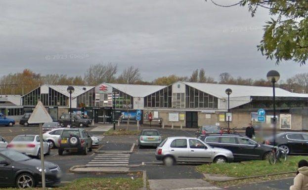 Northampton railway station as it was in 1982 with three long sheds