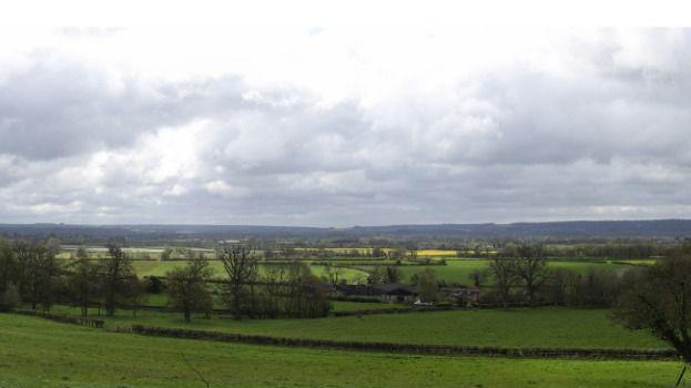 Rolling green fields with rows of hedges, trees and hills in the far distance