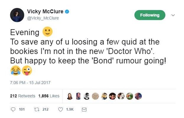 Vicky McClure wrote: "Evening. To save any of u loosing a few quid at the bookies I'm not in the new 'Doctor Who', But happy to keep the 'Bond' rumour going!"