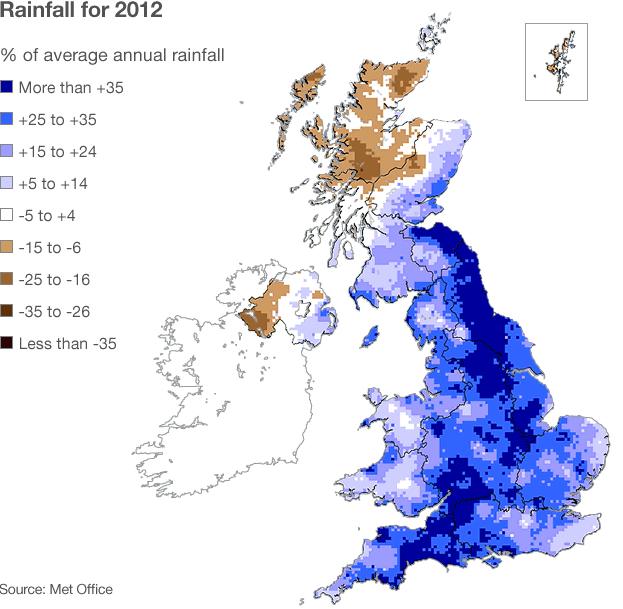 Map showing rainfall across the UK in 2012 against the 30-year average