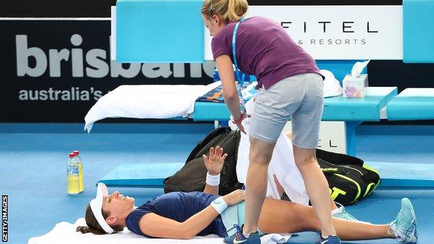 Konta needed treatment but played on until she eventually retired when 3-2 down in the deciding set