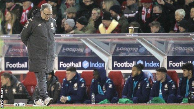 Marcelo Bielsa walks the touchline at the City Ground