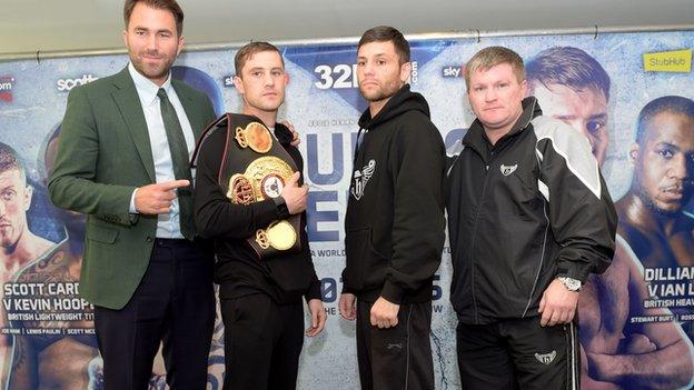 Boxing promoter Eddie Hearn, Ricky Burns, Kiryl Relikh and Ricky Hatton