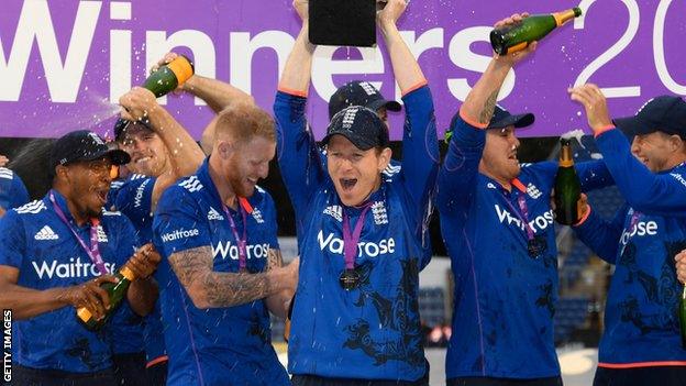 Eoin Morgan celebrates England's ODI series win over Pakistan this summer