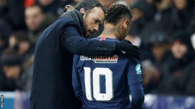 Paris St-Germain striker Neymar walks off the pitch after being injured against Strasbourg