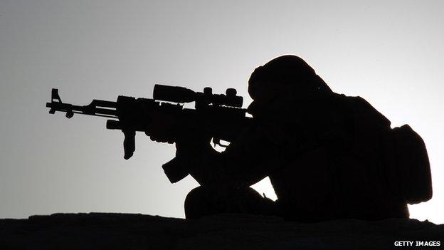 A Middle Eastern Fighter lines up his gun