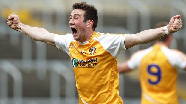 Antrim's Conor Murray celebrates after the final whistle at O'Moore Park