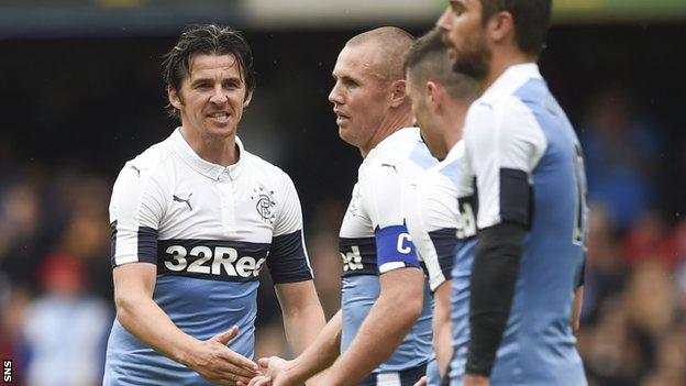 Rangers' Joey Barton, Kenny Miller and Niko Kranjcar celebrate against Linfield