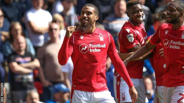Nottingham Forest's Lewis Grabban celebrates his first-half goal against Birmingham