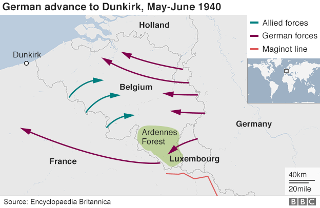 Map showing the German advance to Dunkirk in May to June 1940