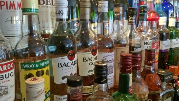 Bottles on bar shelf