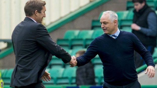 Hibs boss Alan Stubbs shakes hands with Raith manager Ray McKinnon