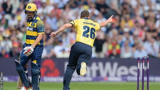 Birmingham Bears' Aaron Thomason celebrates his run out of Glamorgan skipper Jacques Rudolph