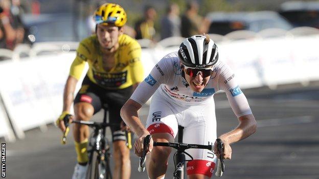 Tadej Pogacar (right) beats Primoz Roglic (left) to win stage 15 of the 2020 Tour de France