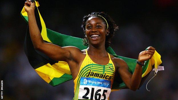 Shelly-Ann Fraser-Pryce of Jamaica celebrates winning the Women's 100m Final in 2008 Olympic final