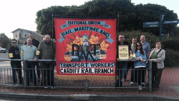 RMT union members picket in Cardiff