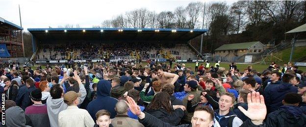 Halifax fans celebrate the Shaymen's trip to Wembley after beating Nantwich Town