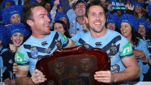 James Maloney and Mitchell Pearce with the Origin shield in 2019