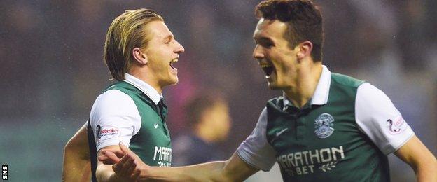 Hibs' Jason Cummings and John McGinn celebrate