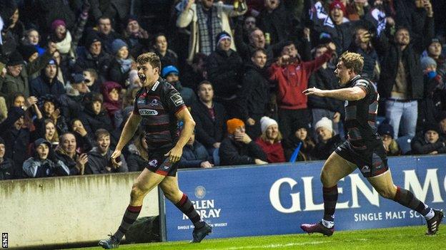 Chris Dean and Nathan Fowles celebrate the former's winning try