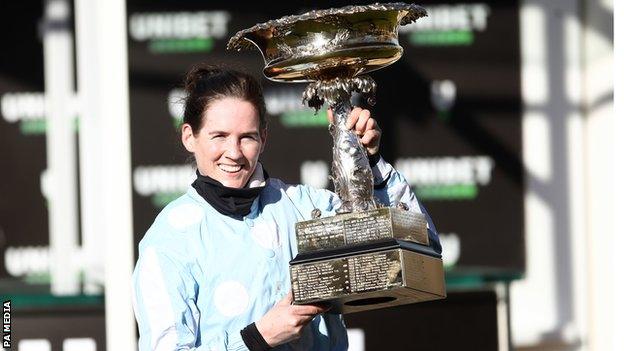 Rachael Blackmore with the Champion Hurdle trophy