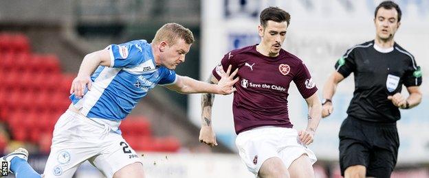 St Johnstone's Brian Easton tries to halt Hearts winger Jamie Walker