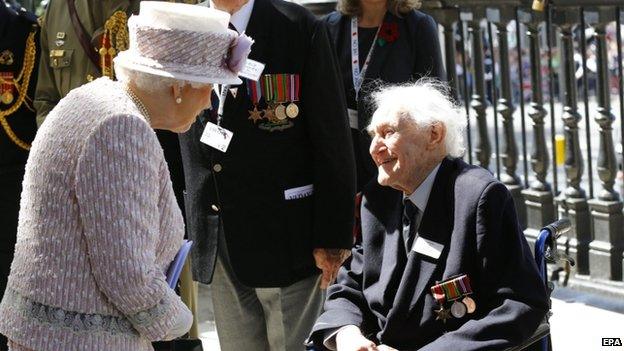 Britain's Queen Elizabeth II speaking to a WW2 veteran outside the church of St Martin-in-the-Fields in Trafalgar Square